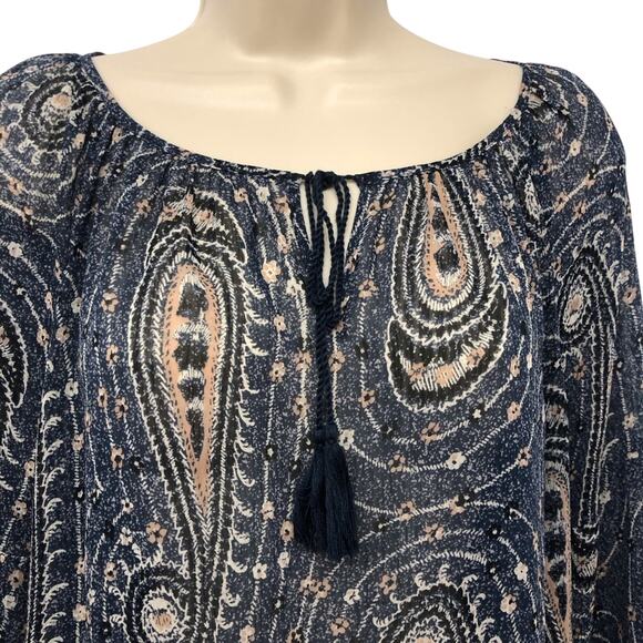 Lucky Brand Blue Pink Paisley Long Sleeve Popover Top Elastic Waist Tassel Ties - Picture 15 of 16